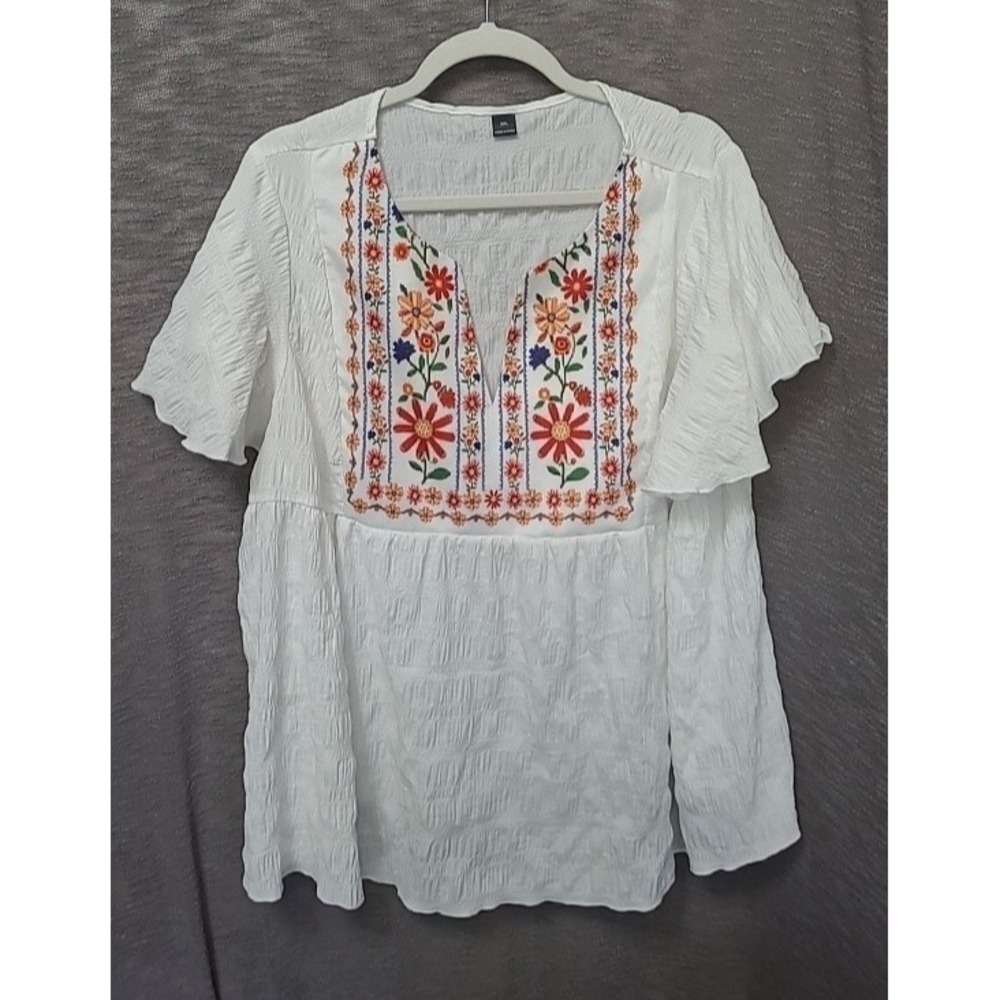 Women's Short Sleeve Peasant Top 3XL White Gauze Plisse Floral Yoke Boho